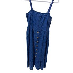 NAOO Maxi Dress Womens M Royal Blue Eyelet Tiered Boho Cottage Minor Flaw